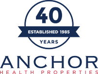 Logo celebrating 40 years of Anchor Health Properties since 1983.